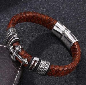 Quality Vintage Men Jewelry Brown Braided Leather Cross Bracelet Stainless Steel Magnetic Clasp Mens Handmade Bangles Bangle9823791