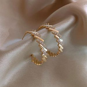 Hoop huggie koreanska modesmycken utsökta 14k riktiga guld inlagd zirkon stora runda örhängen eleganta temperament kvinnor enkla1883