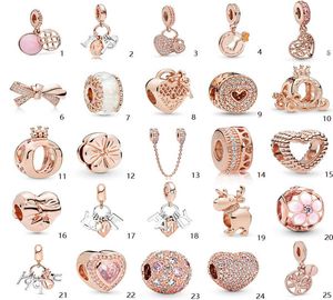 925 prata ajuste charme 925 pulseira rosa série de ouro contas encantos conjunto pingente diy contas finas jóias3508279