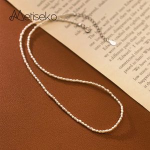 Metiseko Mini Rice Pearl Choker Necklace 925 Sterling Silver Chain 2.2-2.7mm عرض قلادة لؤلؤة المياه العذبة الطبيعية للنساء 231225