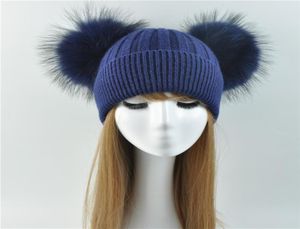 Doppel Echte Waschbär Fell Pompon Hut Frauen Winter Caps Gestrickte Wolle Hüte Skullies Beanies Mädchen Weibliche Zwei Pelz Pom Pom beanie Hut D14508004