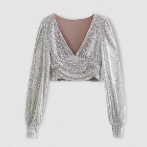 Kadınlar bluzları Sequins Sexy Low V Boyun Uzun Kollu Kırpılmış Bluz Kadın Kulübü Parti Sokak Giyim Moda Bling Blusas