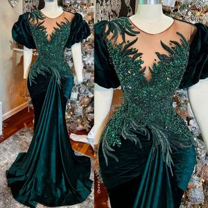 Hunter Green Aso Ebi Prom Dresses for Special Occasions Short Sleeves Lace Beaded Mermaid Elegant Evening Dresses Promdress Second Recepetion Party Gowns NL142