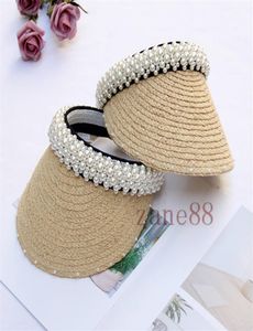 Boné de pérola costurado feito à mão feminino chapéu de verão ajustável aba larga chapéu de sol sem top ráfia hat1634442