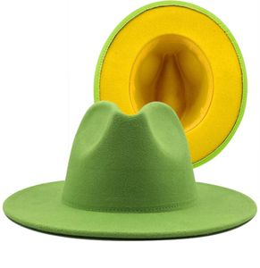 mode lime grön med gul botten jazz filt hattar kvinnor män stor brim faux ull fedora hatt lapptäcke panama cowboy cap2051114