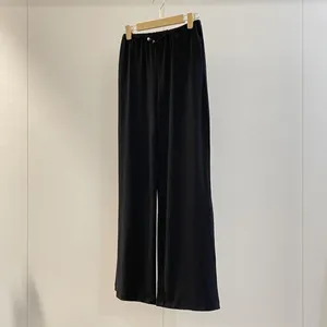 Pantaloni da donna neri elasticizzati a vita alta elasticizzati a gamba larga casual