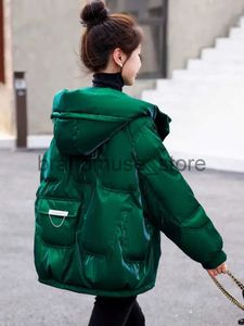 Women's Down Parkas glossy Down Cotton Jacket Thick Warm Hooded Puffer Jacket Women Long Sleeve Parka Oversized Korean Coat Black Red Green Blue J231226