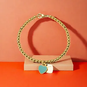 Luxury Double Heart Bracelet Women Stainless Steel Gold Beaded Strands Chain on Hand Couple Gifts for Girlfriend Accessories Pink Blue Wholesale