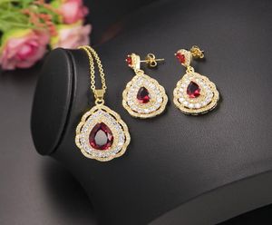 European and USA Selling Fashion Jewelry Sets Gold Color Red Stone Zirconia Necklace Earrings for Bridal2565444