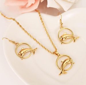 Yellow Solid Fine 24k Gold GF round Cute Dolphin Pendant Necklaces and Earrings for WomenGirlsPapua New Guinea Jewelry wedding b5599793