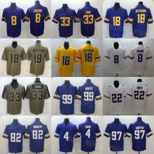 Mens Futebol 18 Justin Jefferson Jerseys 8 Kirk Cousins 22 Harrison Smith 33 Dalvin Cook 97 Everson Griffen 99 Danielle Hunter 4 Brett Favre Cor Rush Roxo Branco