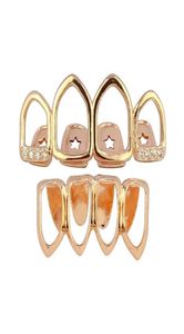 18K Real Gold Punk Hiphop Diamond Hollow Teeth Grillz Dental Mouth Iced Out Fang Grills Braces Tooth Cap Vampire Rapper Jewelry 648476232