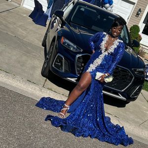 Royal Blue Mermaid Prom Dress For Black Girls Appliques Asymmetrical Sparkly Sequined Sexy Occasion Evening Dresses Vestidos Graduation Gowns