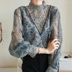 Women's Blouses Elegant Stand Collar Hollow Silk Shirt Women Fashion Lantern Sleeve Embroidered Blouse Vintage Office Ladies Printed Tops