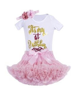 Baby flickor födelsedag kläder spädbarn 1: a fest tutu kläder set med pannband vit bodysuit pettiskirt kostym för baby flickor 2202246149755