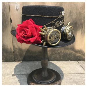 Berets Vintage Kobiety ręcznie robiony steampunk top kapelusz z szklankami i kwiatem cosplay imprezowy rozmiar 57 cm