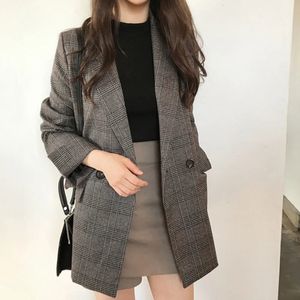 Весна-зима, корейский стиль, свободные женские пиджаки в стиле ретро, клетчатые двубортные карманы, официальные куртки, клетчатая верхняя одежда, топ 231225