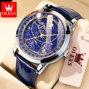 Pads Olevs New Men Mechanical Watch Starry Seconds Dial Luminous Waterproof Business Leather Strap Automatic Man's Watches