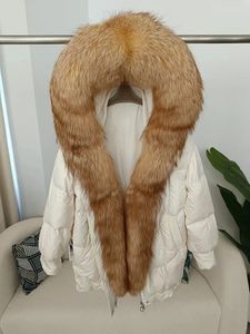 Pato branco para baixo jaqueta longa feminino real gola de pele de raposa inverno feminino grosso casaco quente luxo solto outerwear 231226