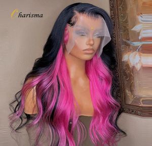 Side Part Ombre Pink Lace Front Wig For Black Women Body Wave Lace Frontal Synthetic Wigs Heat Resistant Hair9456118