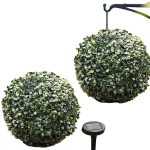 Çelenkler 28cm Yeşil Güneş Enerjili Topiary Buxus Yapay Bahçe Top 20 LED Işıklar YENİ