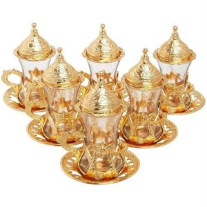 Ottoman Authentic Design Turkish Greek Arabic Tea Set 6 Service Tea Cup Plates & Lids gift258h