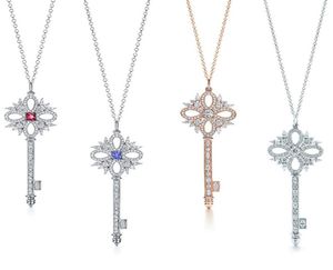Sterling Silver 925 Classic Fashion Key Pendant With Blue Red CZ Ladies Halsband Rose Gold Silver Color Big Pendants Storlek 5cm Neck1760556