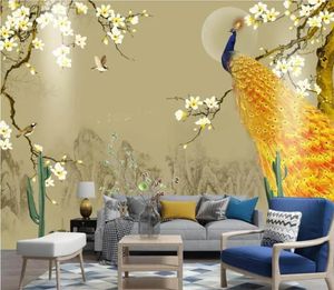 Tapety Piękne sceneria tapety Nowe chińskie krajobraz Magnolia Golden Peacock Flower Bird Tło Tło malowanie dekoracji ściany