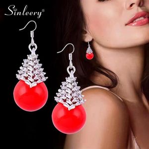 SINLEERY Lovely Red Ball Drop Earrings Yellow Gold Silver Color Acrylic White Pearl Crystal Earrings For Women Jewelry ES147 SSP1340y