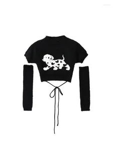 Kvinnors tröjor 2023 Koreanska modeskörda toppar avtagbara ärm Tees Knit Grafisk design T Shirt Streetwear Clubwear 2000s Aesthetic Y2K