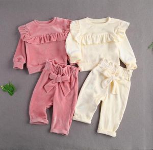 Комплекты одежды для малышей 012 месяцев, гладкие бархатные комплекты одежды для девочек, топ с рюшами и эластичной резинкой на талии, брюки Clot2808851