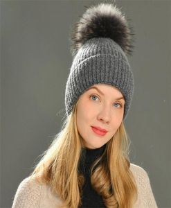 BeanieSkull Caps Wide Brim Chapéus Bucket Chapéus Chapéu de Inverno Cashmere Malha Beanie Grande Pele Real Pom Top Beanie Meninas de Alta Qualidade Wome3715999