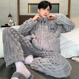 Mäns sömnkläder randiga män vinter varma pyjamas sätter stativ krage korall fleece coat och långa byxor casual 2 bit hemkläder