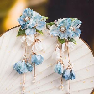 Grampos de cabelo flor azul clipe acessórios chineses pérola borla hairpin vintage meninas cheongsam decoração headpiece clássico jóias