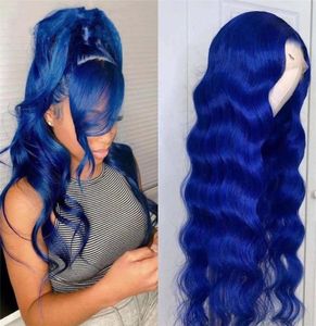 Water Wavy Blue Wigs Synthetic Lace Frontal Deep Wave Wig For American Black Women Simulation Human Hair 1505799489