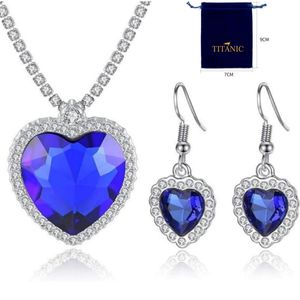 Titanic Heart of the Ocean Necklace Silver Love Heart Shaped Dangle Drop Earrings with Royal Blue Red Crystal Pendant Choker Necklaces for Women Wife Mother's Day Gift