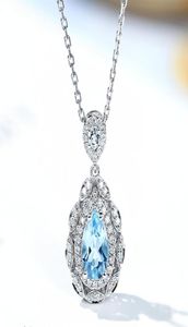 Vintage Aquamarine Mavi Kristal Topaz Taş Taşları Elmas Kolye Kolyeleri Kadınlar İçin Beyaz Altın Gümüş Renk Takı Moda Hediye 3001408