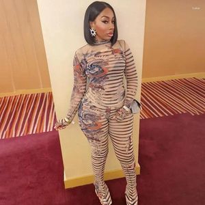 Women's Two Piece Pants Women Floral Striped Print Sheer Mesh Set Turtleneck Long Sleeve T-shirts Tops High Waist Slim Flare Casual Suit