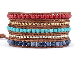 Bangle New Fashion Natural Stones Sodalite Coral Beaded Wrap Armband läderarmband med stenar grossistlädersmycken