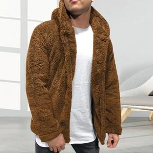 Men Winter Coat Solid Color Button Closure Outerwear Thick Fluffy Fleece Long Sleeve Hooded Coat Men's Clothing 231226