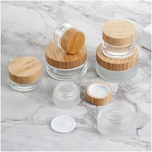 Barattolo di crema Vasetti di crema di vetro smerigliato all'ingrosso Coperchi di bambù Bottiglie di contenitori cosmetici riutilizzabili vuote Campione 5G 15G 30G 50G 1 Dhgarden Dhygz