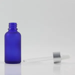 Garrafas de armazenamento de vidro azul escuro com tampa de alumínio e bulbo de borracha branca 30ml embalagem cosmética de óleo essencial