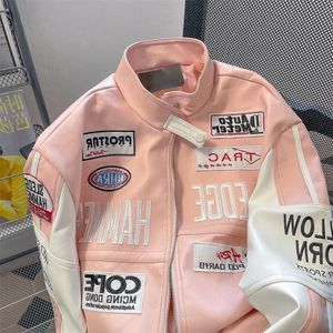 Giacca da motociclista Trend Hip Hop Giacca da donna in pelle UP rosa americana Cuciture Y2K Giacche antivento ricamate di alta qualità 231226