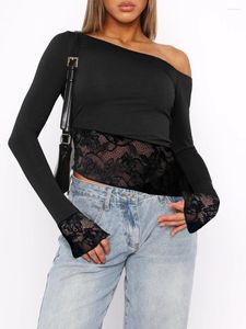 Mulheres Camisetas Mulheres S Um Ombro Manga Longa Top Sexy Lace Patchwork Slim Fitted Camiseta Y2K Streetwear