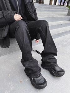 Jeans masculinos preto flare calças homens roupas alta rua retro baggy y2k tendência streetwear calças casuais chique coreano inverno 01 787