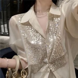 Fashion Sequined Solid Color Office Lady Shirt Female Korean Polo-Neck Elegant 2023 Spring Autumn Single-breasted Loose