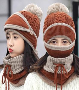 Kış Bayan Şapka Eşarp Maskesi Seti Örme Kulak Koru Hapka Beanie Peluş Sıcak Kış Kadınları Kapağı1374585