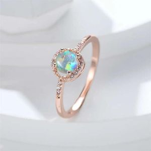 Ringar bandringar enkla regnbågen Birthstone Blue Fire Opal Rings for Women Rose Gold Color Round Ring Wedding Bands Stacking Thin Ring Je