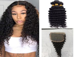 Brasiliansk 5x5 spetsstängning med 3 buntar Deep Wave Curly Extensions 100 Human Virgin Hair Natural Color 1030Inch7994789