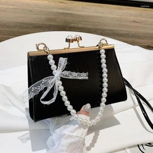 Abendtaschen Frauen Einfache Umhängetasche Design PU Leder Schulter Mode Spitze Bowknot Perle Kette Handtasche Weibliche Elegante Messenger